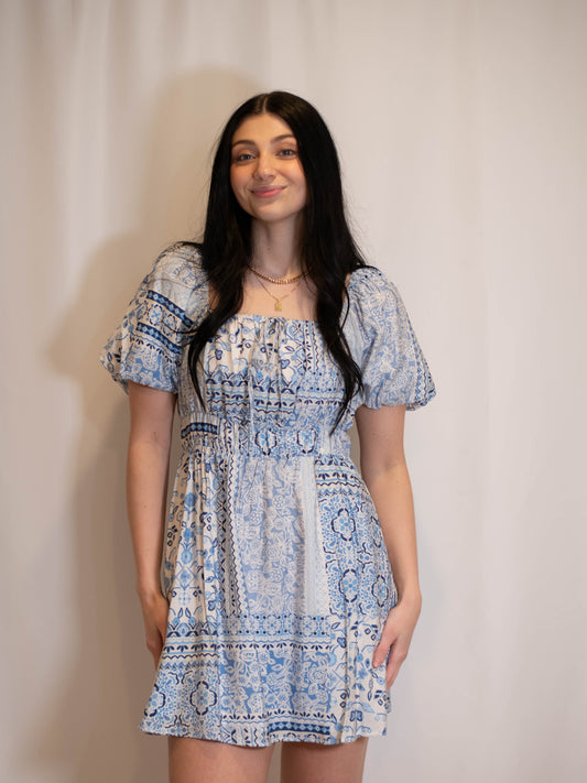 Printed Square Neck Puff Sleeve Mini Dress